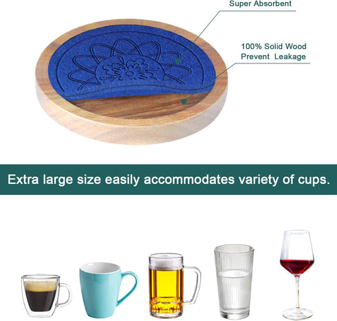 Minacun 5 Pack Set, 4.3 Inch Wood Coasters for Drinks, Absorbent Coaster Drinks Coasters for Coffee Tabletop