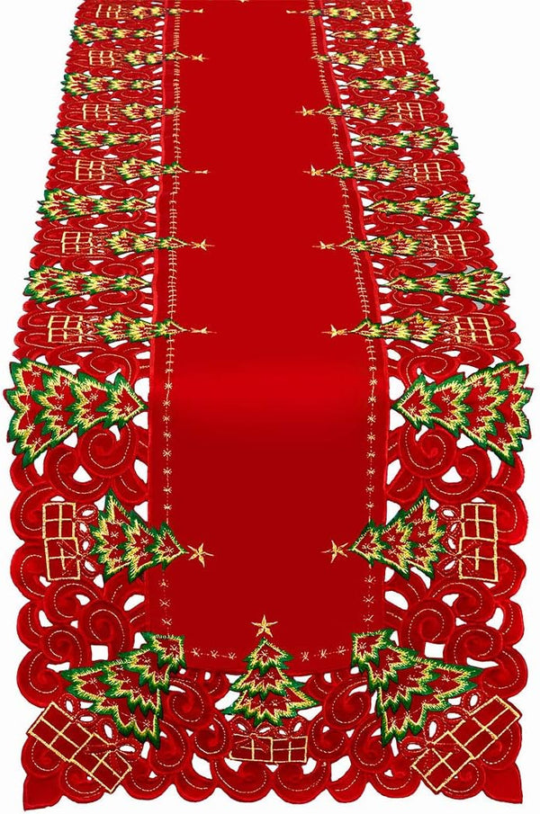Grelucgo Embroidered Christmas Holiday Holly Tree Table Runner, Rectangular 16 x 54 Inch