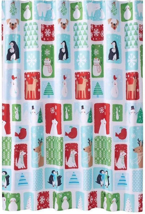 Christmas Holiday Cheer Fabric Shower Curtain - Winter Theme with Snowmen, Penguins, Polar Bears, Deer, 70x70 inch
