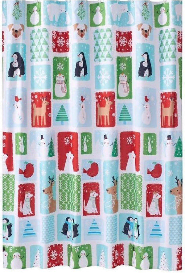 Christmas Holiday Cheer Fabric Shower Curtain - Winter Theme with Snowmen, Penguins, Polar Bears, Deer, 70x70 inch