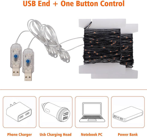 2 Pack 33ft 8 Beingreat USB Plug-in Fairy Lights, Mini led String Lights Black Wire with Modes for Halloween Christmas
