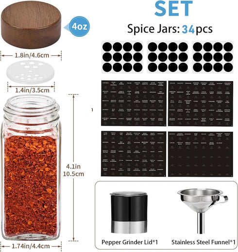 34Pcs Labels-4oz Yangbaga Glass Spice Jars with Acacia Wood Lid Square Spice Containers with Pepper Grinder Lids