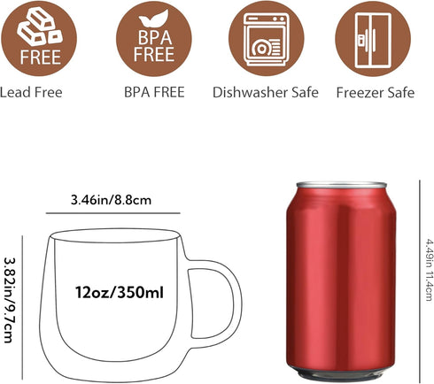 12oz Mugs(4-pack),Large CNGLASS Double Walled Glass Coffee Clear Coffee Cups with Handle,Glass Espresso Mugs