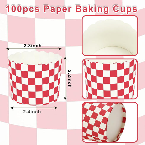 100Pcs Red Plaid Paper Baking Cups White Red Checkered Cupcake Wrappers Scalloped Edge Cupcake Muffin Cases for Party Supplies