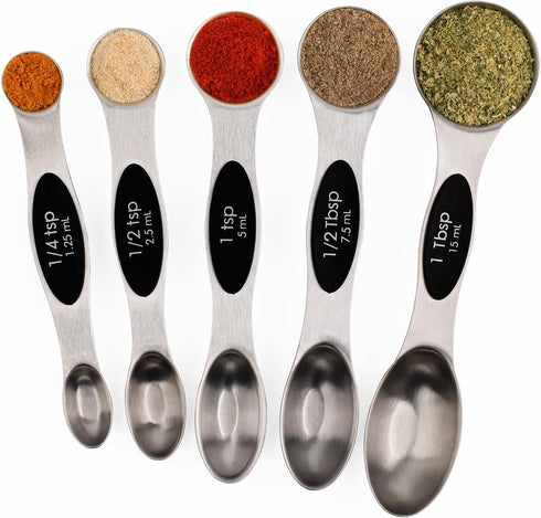 Magnetic Measuring Spoons Set of 5, Stainless Steel Dual Sided Stackable Teaspoon for Dry and Liquid Ingredients