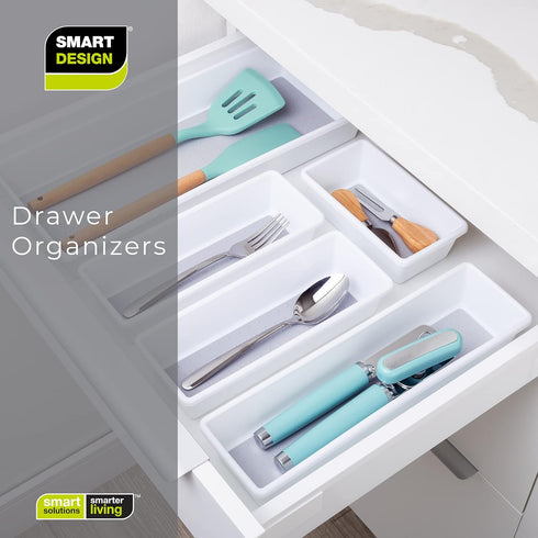 Smart Design Plastic Drawer Organizer Set of 3 - 6.75 x 3.75 Inch, Non-Slip Lining and Feet, BPA Free, White with Gray