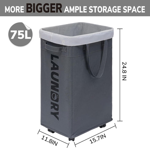 Goodpick 75L Laundry Basket with Wheels, Collapsible Large Hamper, Slim Design with Removable Wash Bag, Grey