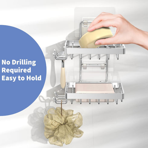 4 Moforoco Silver Double Soap Bar Holder for Shower, No Drilling Rustproof Stainless Steel, Wall Mounted Soap Holder