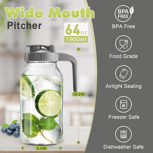 2 Pack 64 oz 2 Mason Jar with Pour Spout Lid V-shaped, Sun Tea Jar Double Leak Proof, Quart Drink Pitcher