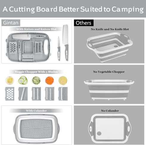 Gintan 9-in-1 Collapsible Camping Cutting Board with Colander, Gifts for Campers, Gray
