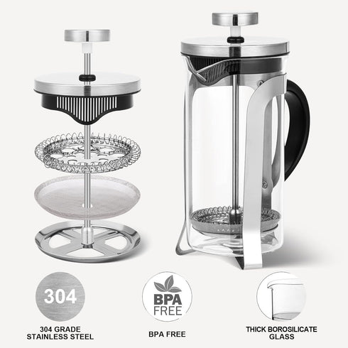 French Press Coffee and Tea Maker, 12 Ounce, Classic 304 Stainless Steel, Heat Resistant Borosilicate Coffee Pot
