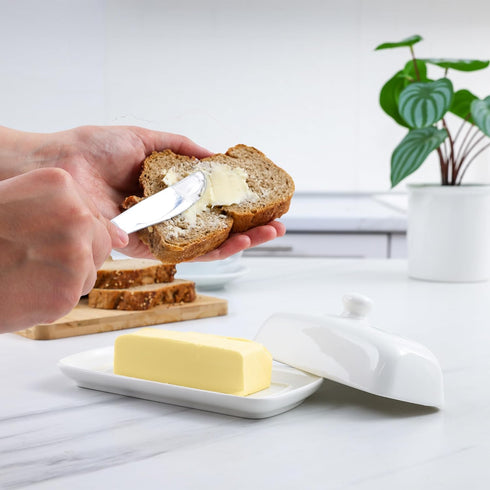 Zulay Kitchen Butter Dish With Lid For Countertop - Porcelain White, Ceramic Butter Dish with Knob Handle Great for Cooking - Elegant Design Butter Holder - Durable & Sturdy Butter Keeper