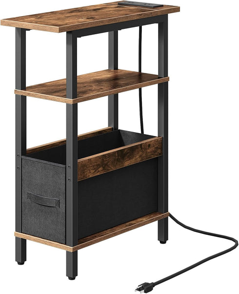 Narrow Side Table with Charging Station - 3 Tier Small End Table for Small Spaces, Rustic Brown