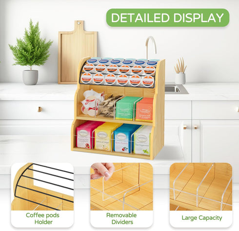 Counter 3 Packet LASZOLA Bamboo Tea Bag and Coffee Holder Organizer for Cabinet Office, Tier Large Capacity Vertical K