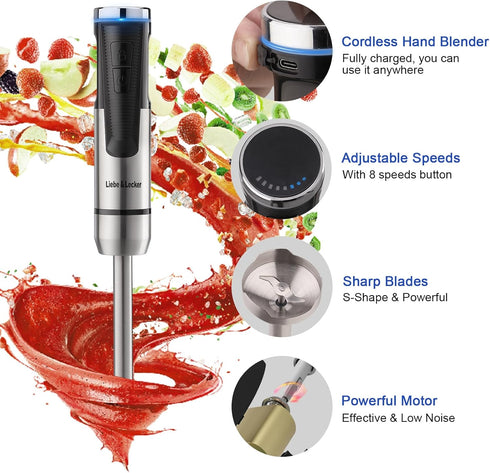 Liebe&Lecker Cordless Hand Blender, USB Rechargeable Immersion Blender with 8 Variable Speeds, Whisk, Milk Frother