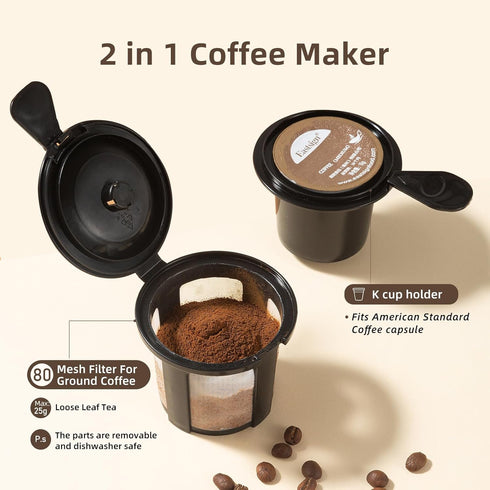2 1Machine,6 14 0z Single Serve K Cup Coffee Maker in to Brew Sizes,Auto Shut Off& Reusable Filter,Use Coffee
