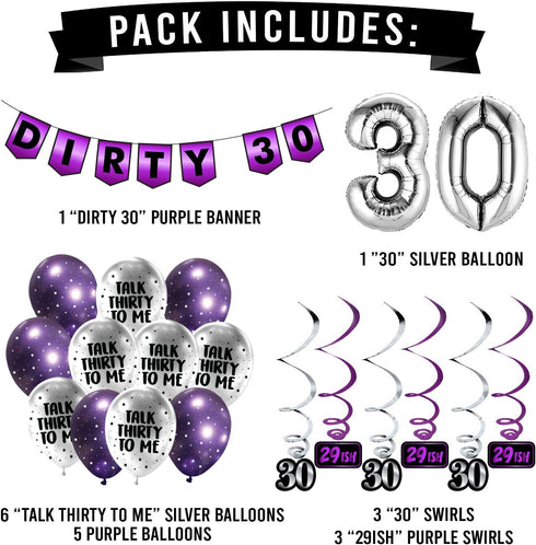 30th Birthday Purple Party Pack, Banner, Balloon, and Swirls for Birthday Decorations and Supplies