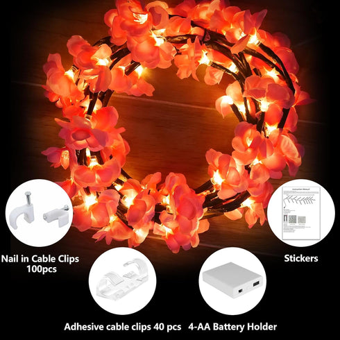 4FT 48LED Timer,8 FNHMSL Cherry Enchanted Willow Vine Lights, Pink Cherry Blossom Tree Branch Lights for Wall, Remote