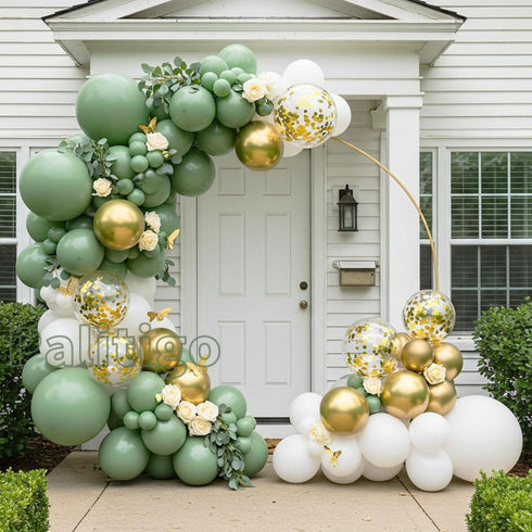 Green Balloon Garland Kit with 112pcs Sage and Olive Balloons, Gold Butterfly for Weddings and Birthdays