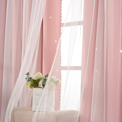 84 Inch 1 Light Pink Curtains Blackout for Girls Bedroom - Aesthetic Star Cutout Double Layer with White Sheer Overlay