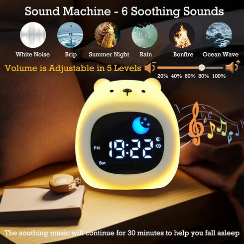 9 6 Kids Alarm Clock Night Light with Colors Light and White Noises, Sleep Training Digital Clock, Adjustable Bright