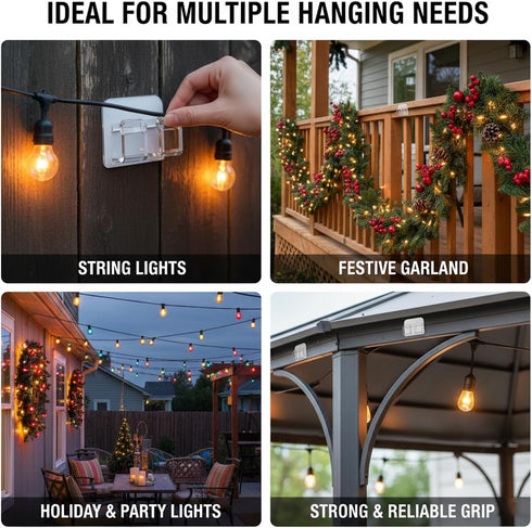 40 Pack Large Outdoor String Light Hooks - Reusable & Waterproof Adhesive Clips for Patio & Garden - Damage-Free, Clear