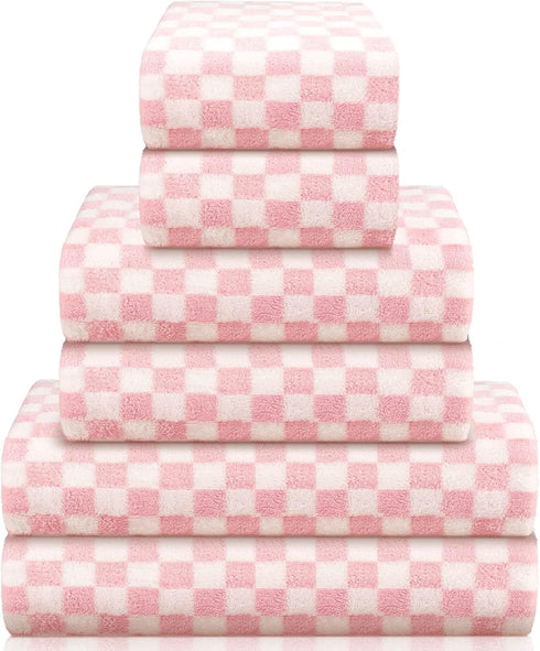 Kinlop 6 Pcs Checkered Bath Towels Set Coral Washcloth Soft Fleece Quick