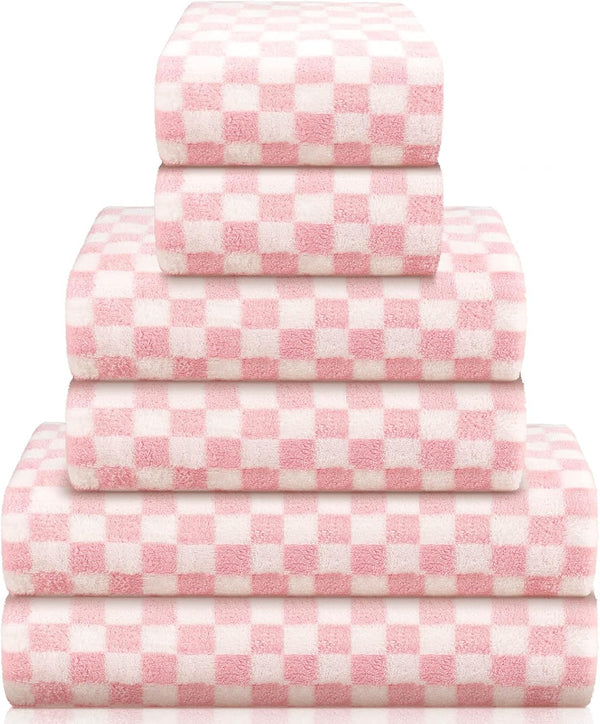 Kinlop 6 Pcs Checkered Bath Towels Set Coral Washcloth Soft Fleece Quick