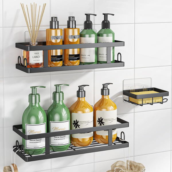 Youvip Adhesive Shower Caddy,Shower Shelves with Soap Holder and 12 Hooks,Rustproof No