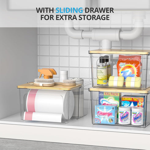 Trash Bag Dispenser Roll Holder - Clear Garbage Bag Holder Dispenser with Bamboo Lid and Sliding Drawer Box, Trash Bag