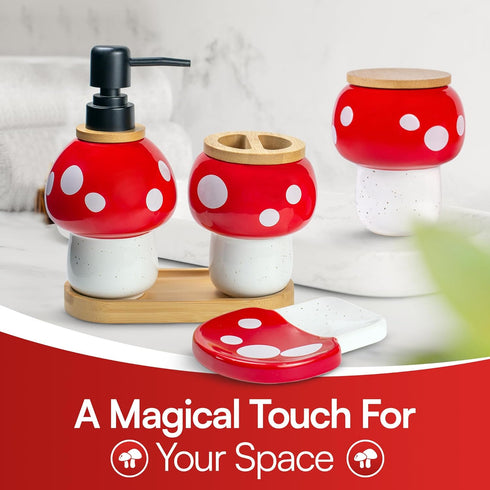Set Mushroom Bathroom Decor Ceramic Soap Dispenser, Toothbrush Holder, Canister, and Soap Dish with Bamboo Accessories