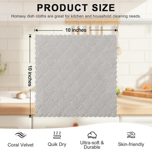 24 Pack (10 10 Inches, Homaxy Kitchen Dish Cloths x Grey), Super Soft and Absorbent Coral Velvet Dish Towels, Nonstick