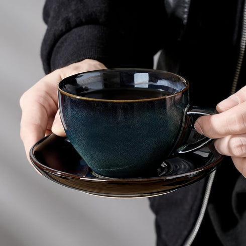 SIDUCAL Espresso Cups Set of 4, 8oz Porcelain Coffee Cups with Saucers, Microwave/Dishwasher Safe