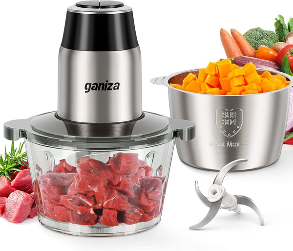 GANIZA Electric Food Processor, Food Chopper with Meat Grinder & Vegetable Chopper, 2 Bowls, 450W Motor