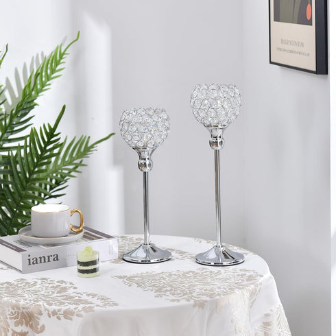 VINCIGANT Silver Crystal Votive Candle Holders, Set of 2 for Table Centerpieces & Tealight Candles
