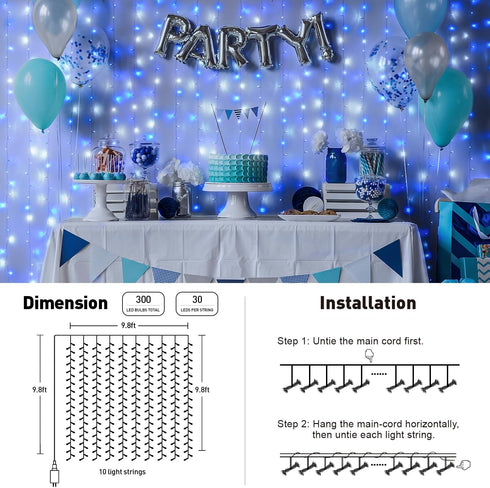 300LED 8 9.8x9.8ft JMEXSUSS Christmas Curtain Lights Plug in with Remote, Blue and White Christmas Lights Indoor