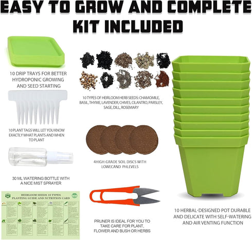 10 Set Meekear Herb Seeds Garden Starter Grow Kit with Green Pots, Markers, Soil Discs, Watering, Herb Clipper