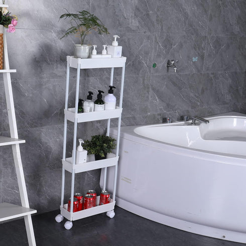 Sooyee 4 Tier Slim Storage Cart, Mobile Shelving Unit Organizer for Kitchen, Bathroom, Laundry, White Plastic & Steel
