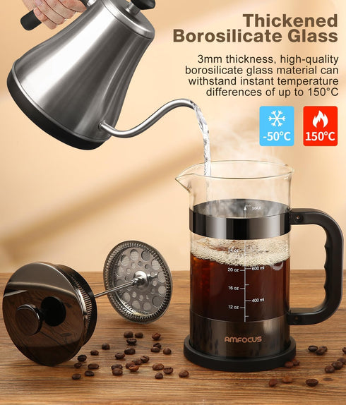 French Press Coffee Maker, 34oz Classic Heat-resistant Borosilicate Glass Pot with 4-Level Filters, Portable Cold Brew