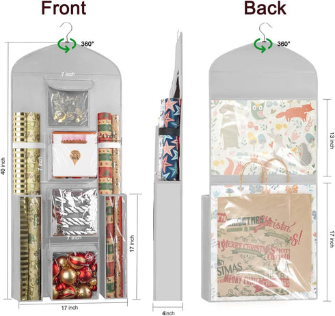 Hanging Gift Wrapping Paper Storage - 40"X17" Grey Double-Sided Christmas Wrapper Bag Container for Closet Organization
