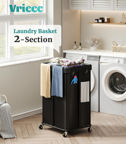 2 Laundry Hamper with Wheels, Rolling Laundry Basket with Metal Frame and Removable Bag, Double Laundry Hamper Section