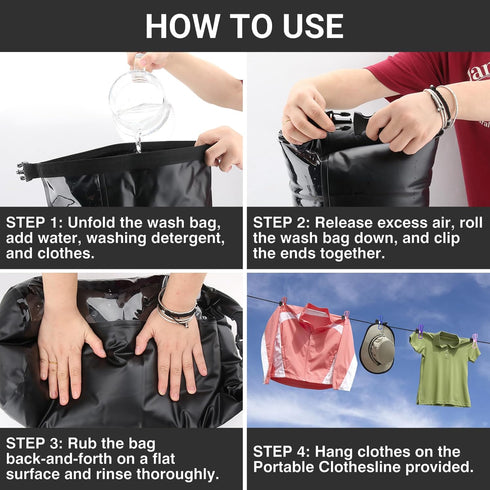 Travel Washing Machine & Retractable Clothesline, Portable Hand Washing Machine & Laundry Wash Bag for Camping