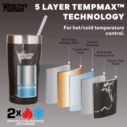 Healthy Human 20oz Stainless Steel Tumbler with Straw & Lid - Eco-Friendly Travel Cup, Black Onyx