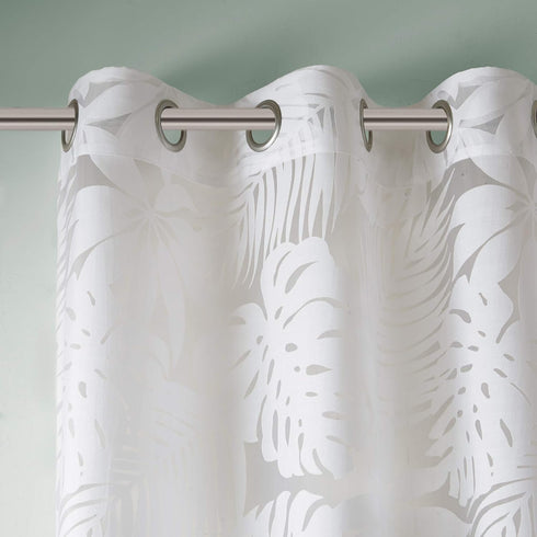 Madison Park 50x95" Semi Sheer Single Curtain, Grommet Top, Modern Botanical Print Window Drape, Tropical White