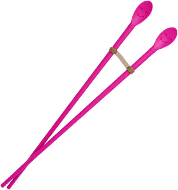 Kitchen Non-Slip Silicone Cooking Chopstick 12 in Long with Spoon and Band, Stainless Steel Reinforced, Pink