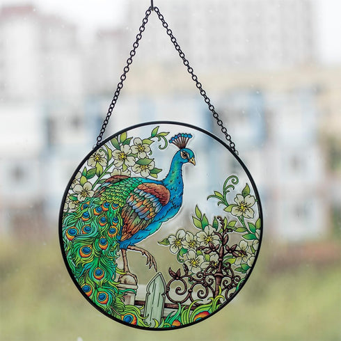 Peacock Stained Glass Suncatcher: Hand-Painted Window Wall Hanging Decor Ornament 6.5''*6.5'' for Home Garden Gift