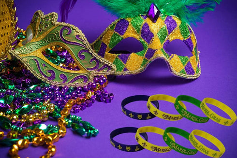 48 Pack Mardi Gras Party Favors, Rubber Bracelets, Carnival Birthday Party Supplies, Goodie Bag Stuffers