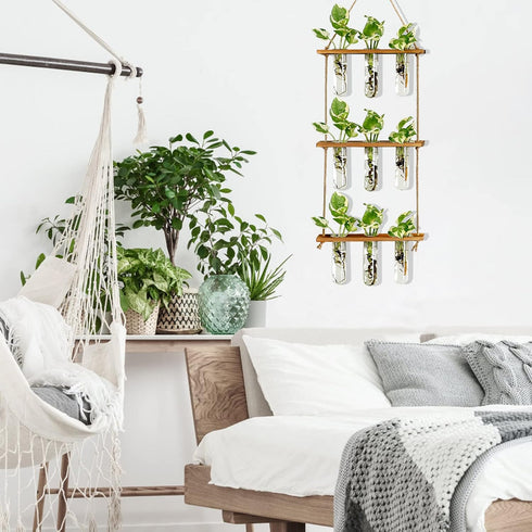 (9 XXXFLOWER Wall Hanging Propagation Station with Wooden Stand Glass Test Tubes Tiered Planters Wall Terrarium