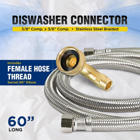 CNCT28760-OM Connector, 60 Inch Dishwasher Supply Line with Swivel Elbow, Connects Dishwasher to Water