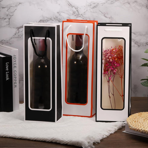 uxcell Wine Bags, 20pcs Wine Gift Bags with Rope Handles, Paper Wine Tote Bag with Clear Window, White Orange